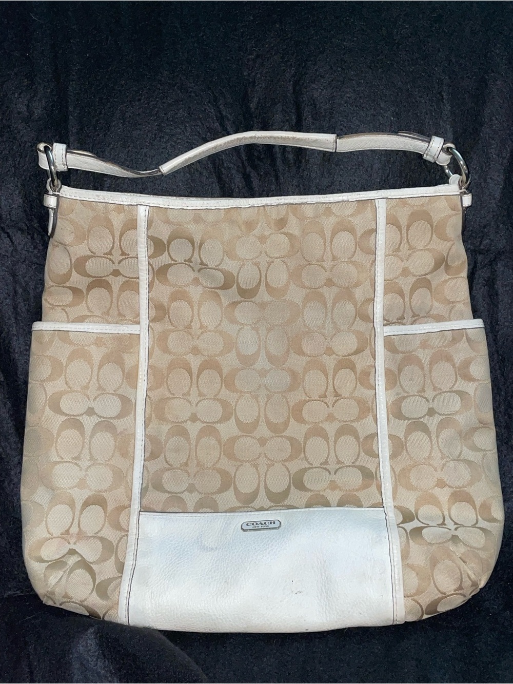 Coach Tan Signature Canvas Shoulder Bag with White Trim